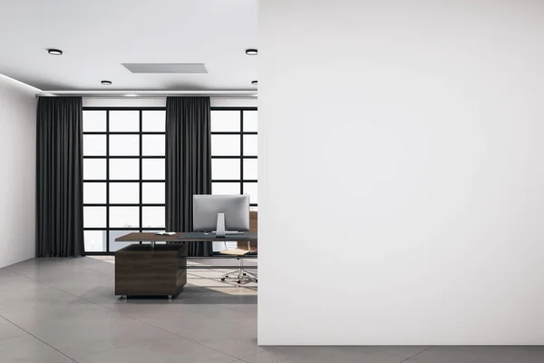Modern office room with computer and and blank white wall.  Coworking workplace concept. 3D Rendering