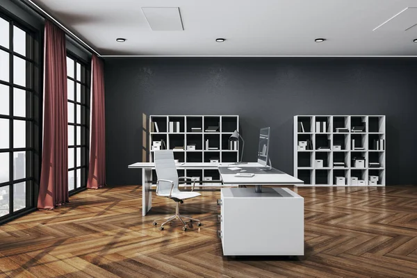 Luxury office hall with computer, document in shelf and panoramic city view. Workplace and corporate concept. 3D Rendering