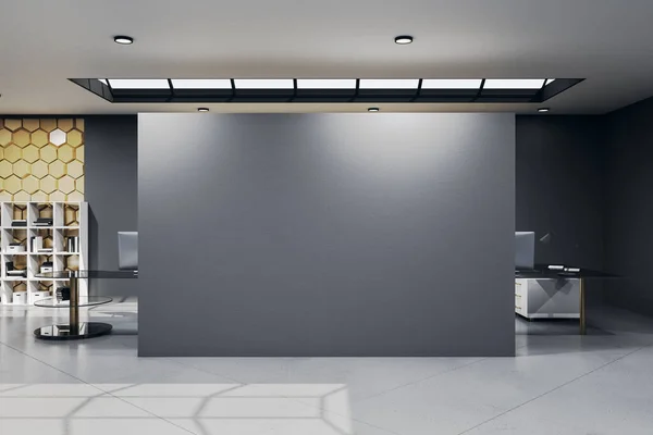 Luxury office hall with blank gray wall. Workplace and company concept. Mock up. 3D Rendering