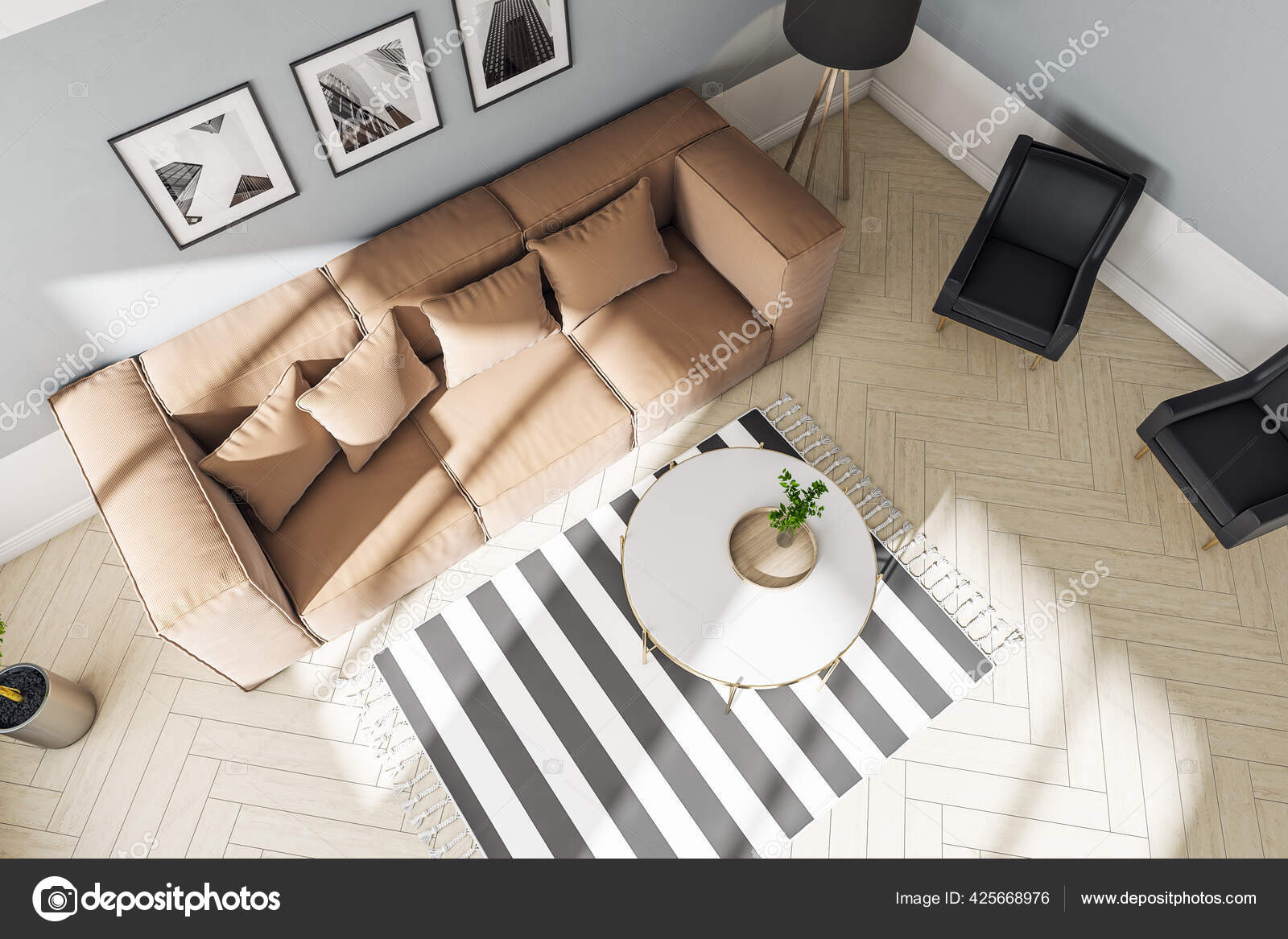 Top View Living Room Interior Brown Sofa Three Picture Design Stock