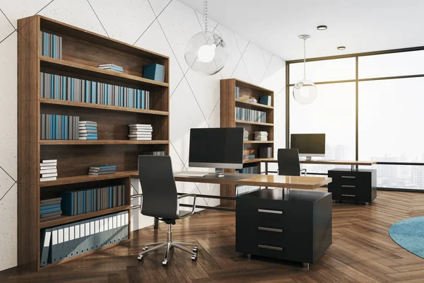 Contemporary living room with shelf with books and computer on table. Workplace and company concept. 3D Rendering