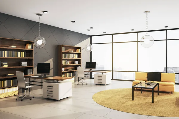 Clean living room with shelf with books and yellow sofa. Workplace and company concept. 3D Rendering