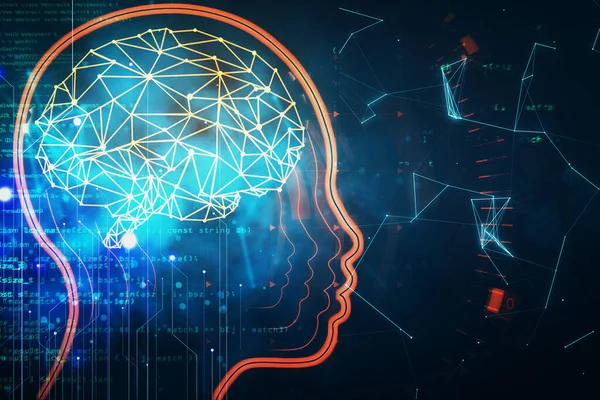 Robothoofd Digitaal Hersenhologram Futuristische Html Achtergrond Codeerconcept Weergave — Stockfoto