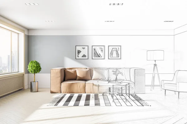 Drawing living room interior design with sofa and  three picture on wall. 3D Rendering