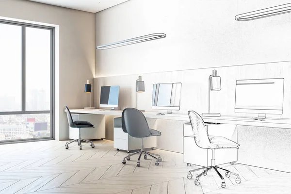 Modern hand drawn office interior with city view and daylight. Architecture and design concept. 3D Rendering