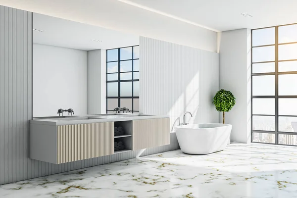 Modern white bathroom interior with bath, mirror and sink.  Design, apartment and hotel concept. 3D Rendering
