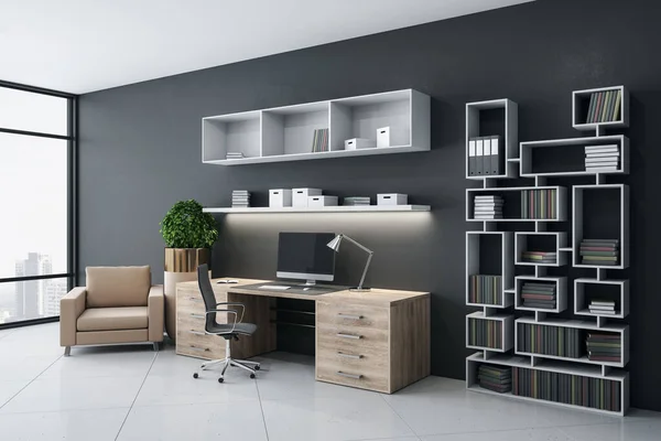 Modern office workspace with computer and shelves with documents. 3D Rendering