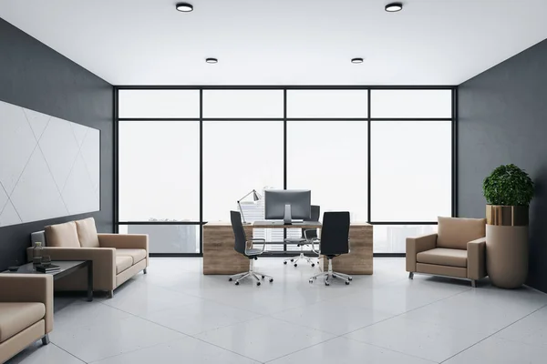 Panoramic Open Space Office Computer Table City View Workplace Company — Stock Photo, Image