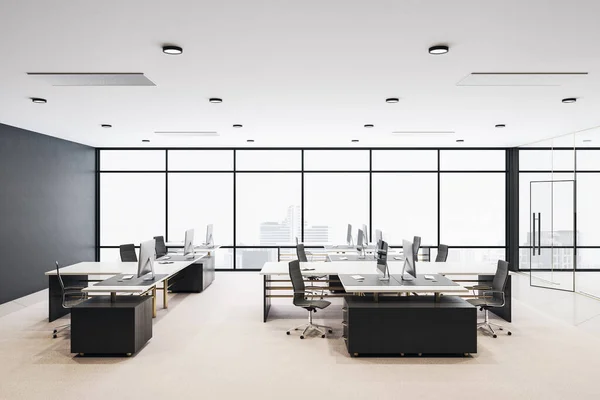 Interior Oficina Contemporánea Con Mesas Computadoras Pie Sobre Ellos Renderizado —  Fotos de Stock
