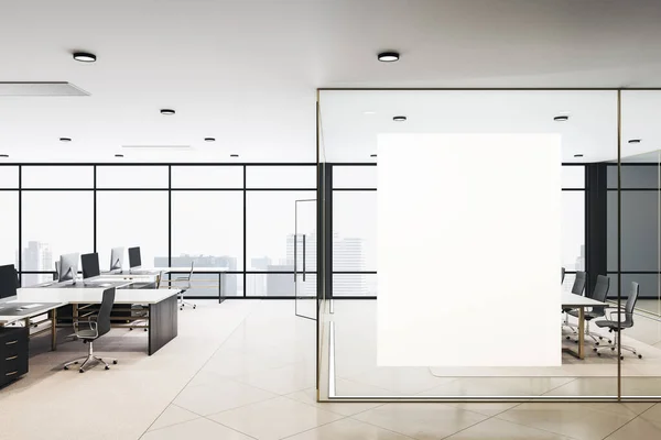 Interior Oficina Coworking Lujo Con Pancarta Vertical Blanco Pared Vidrio —  Fotos de Stock