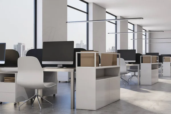 Elegante Escritório Coworking Interior Clássico Com Parede Concreto Vista Brilhante — Fotografia de Stock