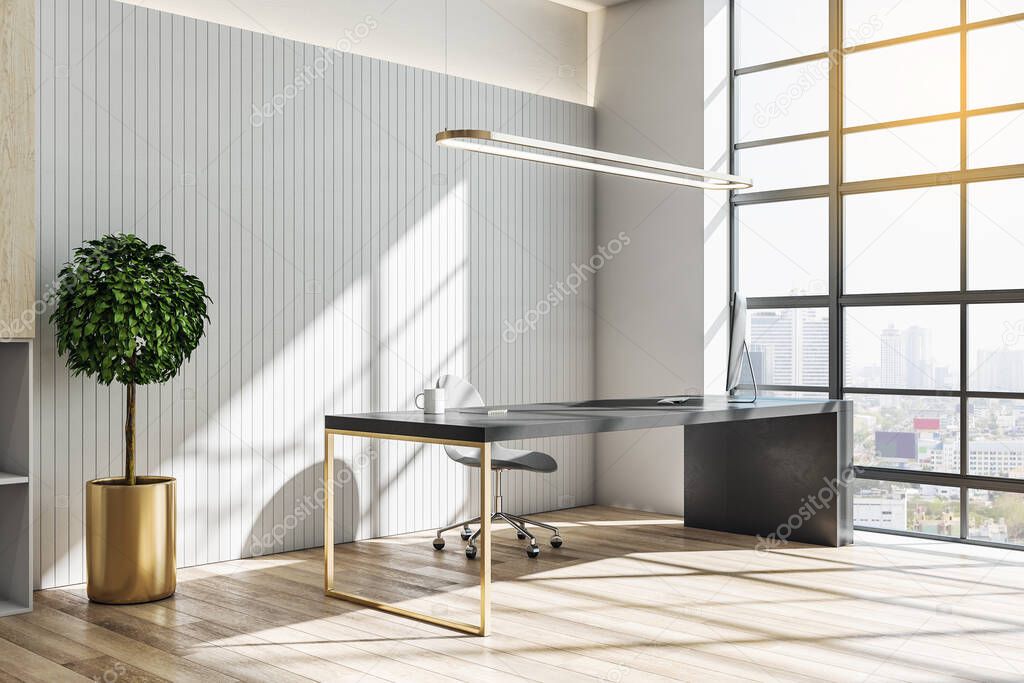 Luxury director's office with wooden floor and bright city view. 3D Rendering