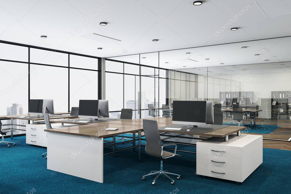 Coworking office interior with computers and megapolis city view. Workplace and corporate concept. 3D Rendering