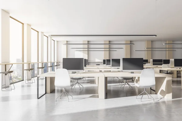 Luxury office interior with many computers on table and bright city view. 3D Rendering