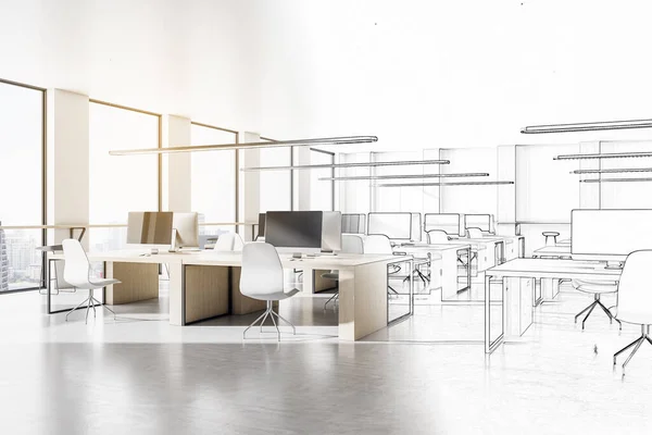 Drawn modern office interior with city view and daylight. Business and design concept. 3D Rendering