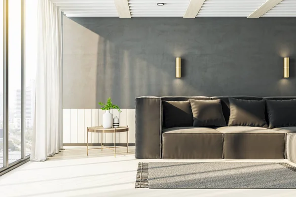 Luxus Wohnzimmer Mit Schwarzem Sofa Und Panoramablick Auf Die Stadt — Stockfoto