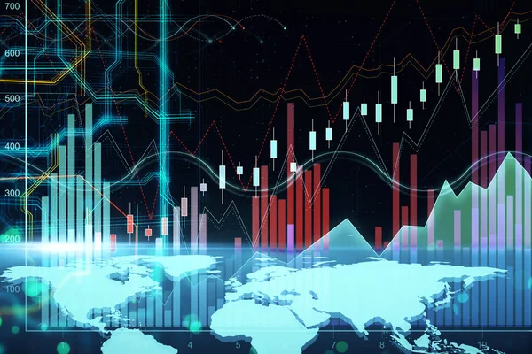 Świecąca Cyfrowa Mapa Świata Wykresami Forex Globalny Biznes Koncepcja Inwestowania — Zdjęcie stockowe