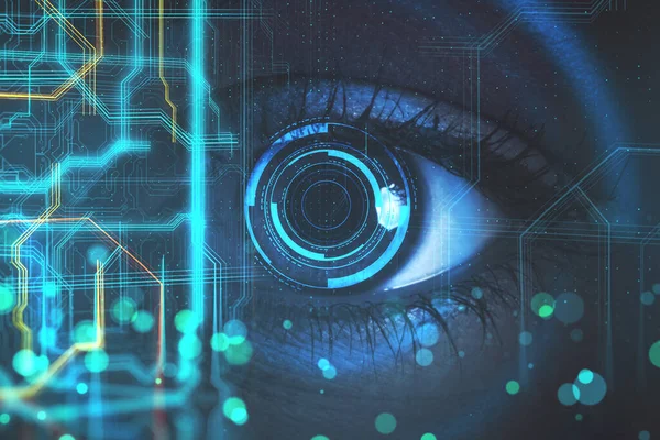 Menselijk Oog Cyber Technologie Paneel Communicatie Concept Sluiten — Stockfoto