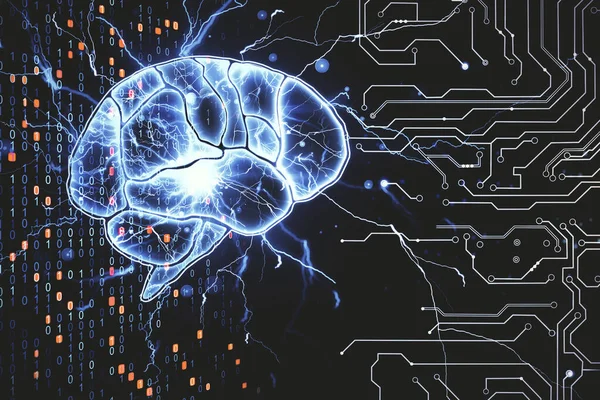 Abstrakcyjny Niebieski Świecący Szkic Mózgu Tle Kodu Binarnego Perspektywa Koncepcja — Zdjęcie stockowe