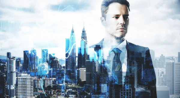 Businessman Silhouette Stock Report Hologram Blurry City Background Business Financial — Stock Photo, Image