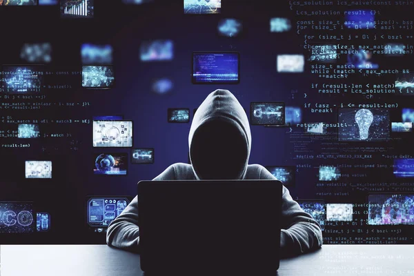 Haker Korzystający Laptopa Cyfrowym Interfejsem Biznesowym Hologramem Koncepcja Hakowania Cyberataku — Zdjęcie stockowe