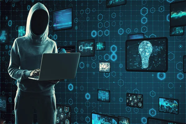 Hacker Met Behulp Van Laptop Met Creatieve Gloeiende Big Data — Stockfoto