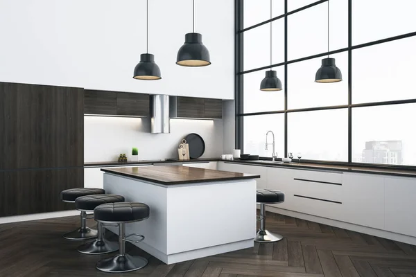 Keuken Studio Interor Met Uitzicht Stad Ontwerp Stijl Concept Weergave — Stockfoto