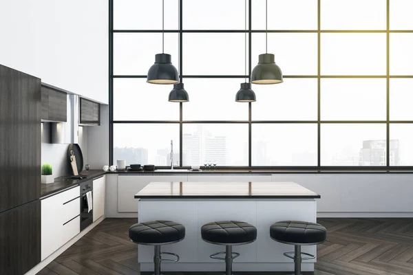 Elegante Interior Cocina Panorámica Con Vistas Ciudad Mesa Comedor Renderizado — Foto de Stock