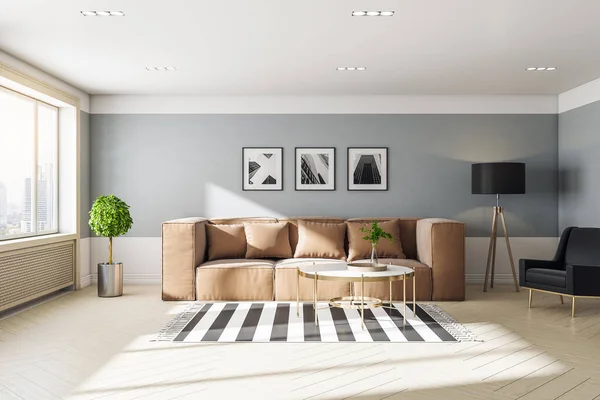 茶色のソファと壁に3枚の絵とリビングルームのインテリアデザイン 3Dレンダリング — ストック写真