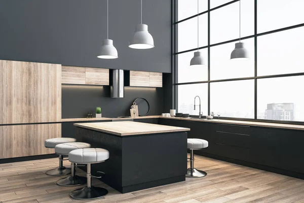 Contemporary kitchen interior with dinning table and city view. Design and style concept. 3d rendering