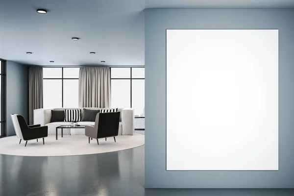 青い壁にソファと空白のポスターが付いた現代的なリビングルーム プレゼンテーションとライフスタイルのコンセプト 3Dレンダリング — ストック写真