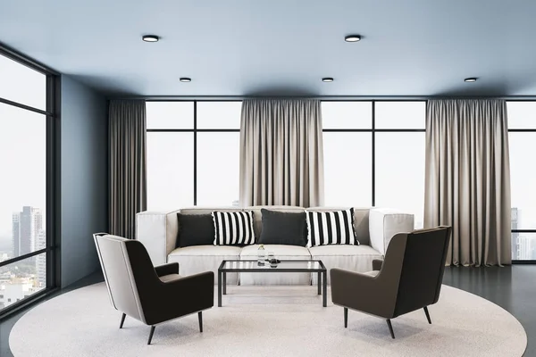 Sala Estar Moderna Interior Com Sofá Duas Cadeiras Vista Panorâmica — Fotografia de Stock