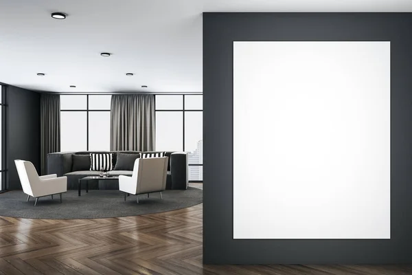 Sala Estar Luxuosa Com Sofá Banner Branco Parede Apresentação Conceito — Fotografia de Stock