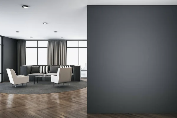 ソファと空白の灰色の壁できれいなリビングルームのインテリア プレゼンテーションとライフスタイルのコンセプト 3Dレンダリング — ストック写真