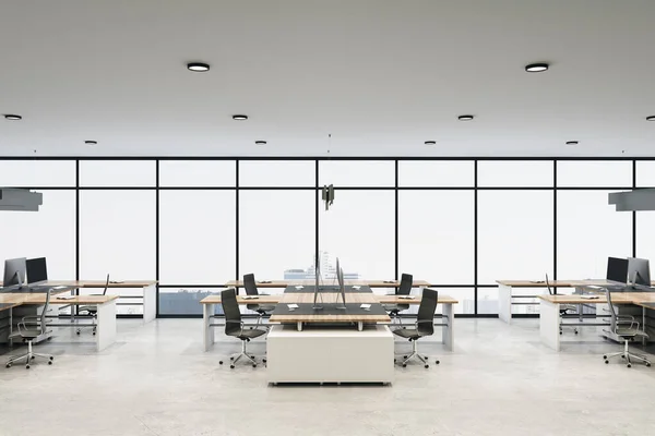 Interior Birou Lux Calculatoare Masă Vedere Luminoasă Oraș Conceptul Coworking — Fotografie, imagine de stoc