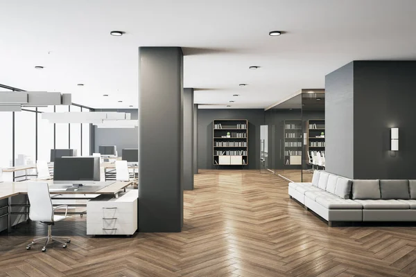 Luxury office in loft style with computers on table and shelf with documents. Workplace and company concept. 3D Rendering