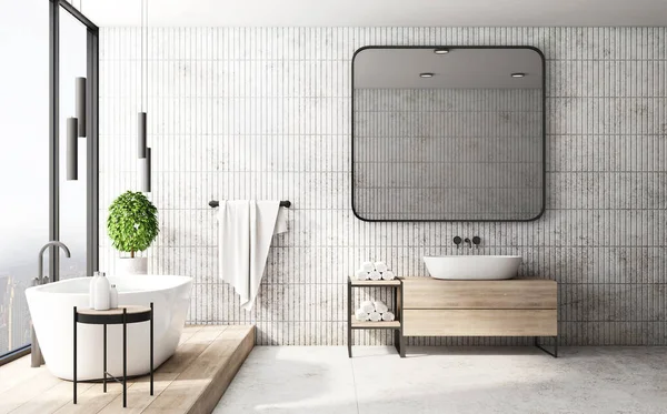 Nowoczesne Białe Wnętrze Łazienki Wanną Lustrem Umywalką Koncepcja Designu Mieszkania — Zdjęcie stockowe