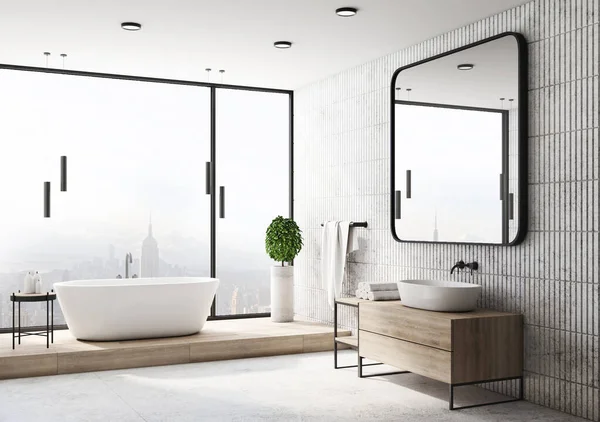 Modern bathroom interior with bath, mirror and city view. Design, apartment and hotel concept. 3D Rendering