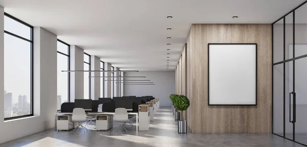 市内の景色と壁に空白のポスターと光のコワーキング オフィスのインテリア 職場と会社のコンセプト 3Dレンダリング — ストック写真