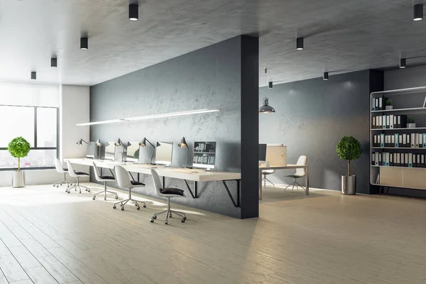 现代化的办公室内 有长桌 椅子和城市视野 工作场所和公司的概念 3D渲染 — 图库照片