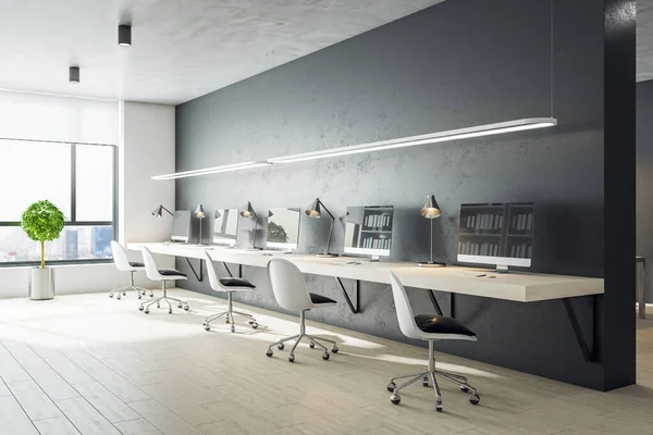 Luxus Coworking Büroeinrichtung Mit Langem Schreibtisch Computern Stuhl Und Hellem — Stockfoto