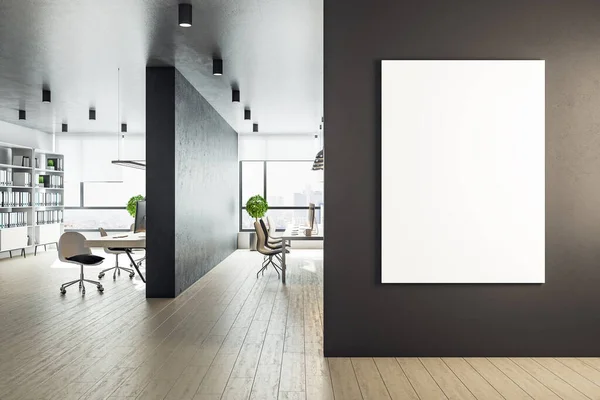 Modernes Arbeitsplatzinterieur Mit Computer Und Leerem Vertikalen Poster Der Wand — Stockfoto