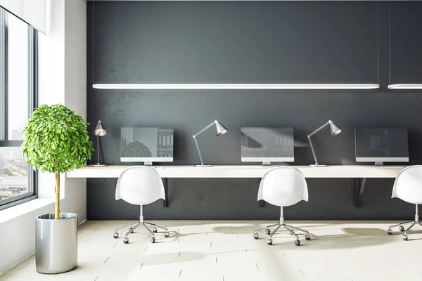 Interior Oficina Moderna Con Escritorios Computadoras Lugar Trabajo Concepto Empresa — Foto de Stock