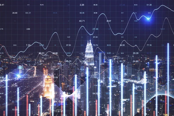 Groeiende Voorraad Grafiek Met Zakelijke Statistieken Nacht Stad Achtergrond Handels — Stockfoto