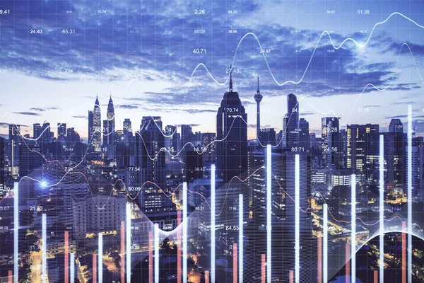Groeiende Zakelijke Statistieken Interface Nacht Stad Achtergrond Handels Investeringsconcept Meervoudige — Stockfoto