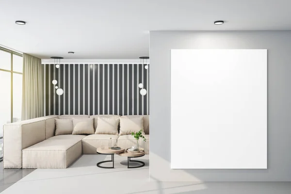 青い壁にソファと空白のバナー付きの居心地の良いリビングルーム 職場とライフスタイルの概念 3Dレンダリング — ストック写真