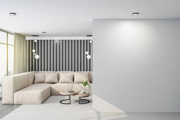 ソファと空白の灰色の壁と豪華なリビングルーム 職場とライフスタイルの概念 モックアップ 3Dレンダリング — ストック写真