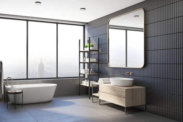 Gray bathroom interior with bath, mirror and sink.  Design, apartment and hotel concept. 3D Rendering