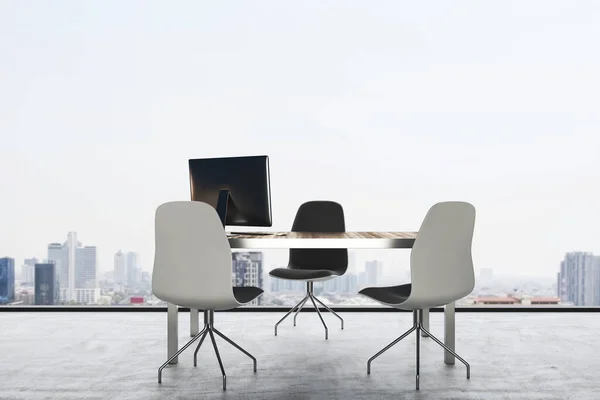 Intérieur Bureau Ceo Contemporain Avec Ordinateur Sur Table Vue Panoramique — Photo