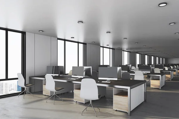Interior Birou Lux Multe Calculatoare Masă Vedere Luminoasă Oraș Conceptul — Fotografie, imagine de stoc